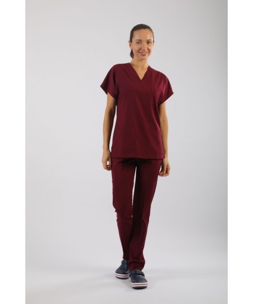 PREMIUM Likralı Kadın Scrubs - Bordo