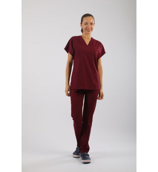 PREMIUM Likralı Kadın Scrubs - Bordo