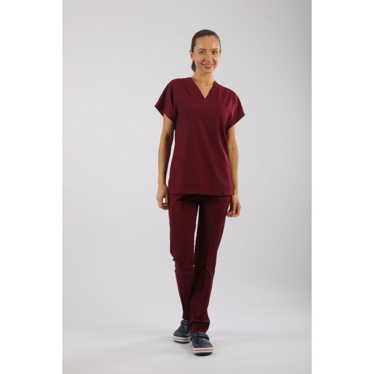 PREMIUM Likralı Kadın Scrubs - Bordo