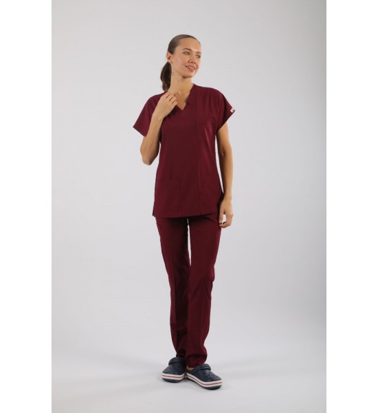 PREMIUM Likralı Kadın Scrubs - Bordo