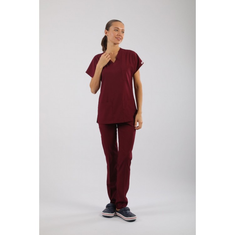 PREMIUM Likralı Kadın Scrubs - Bordo