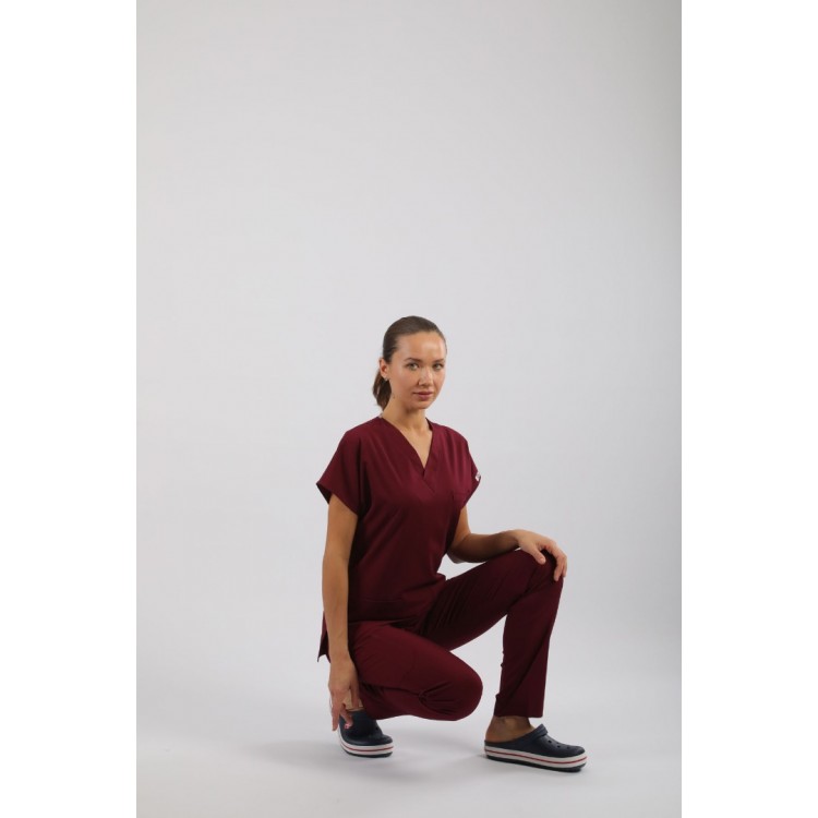 PREMIUM Likralı Kadın Scrubs - Bordo
