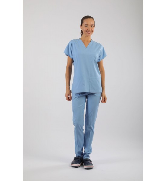 PREMIUM Likralı Kadın Scrubs - Buz Mavisi