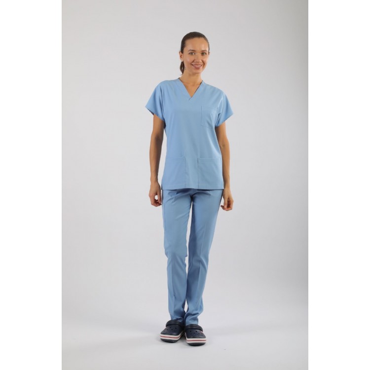 PREMIUM Likralı Kadın Scrubs - Buz Mavisi