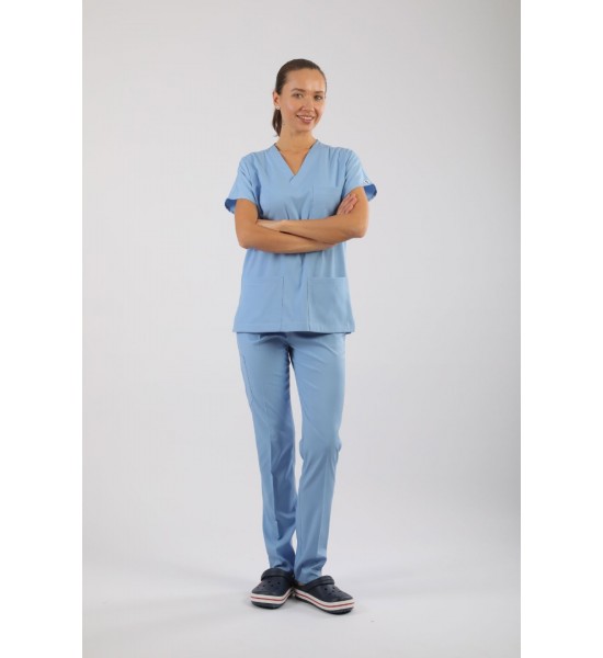 PREMIUM Likralı Kadın Scrubs - Buz Mavisi