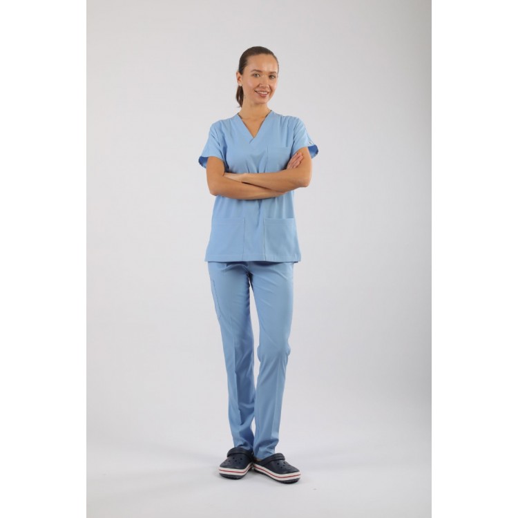 PREMIUM Likralı Kadın Scrubs - Buz Mavisi