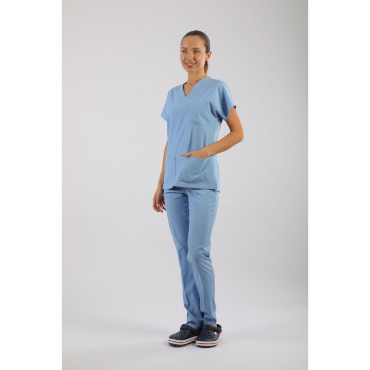 PREMIUM Likralı Kadın Scrubs - Buz Mavisi
