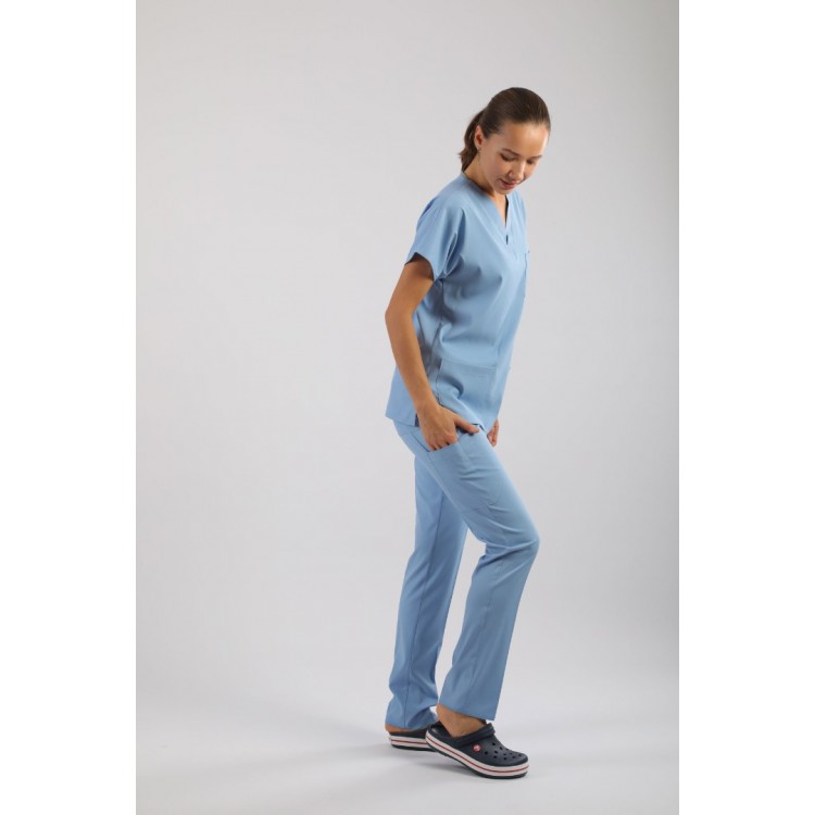 PREMIUM Likralı Kadın Scrubs - Buz Mavisi