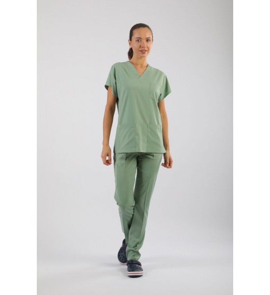 PREMIUM Likralı Kadın Scrubs - Küf Yeşili (Çağla Yeşili)