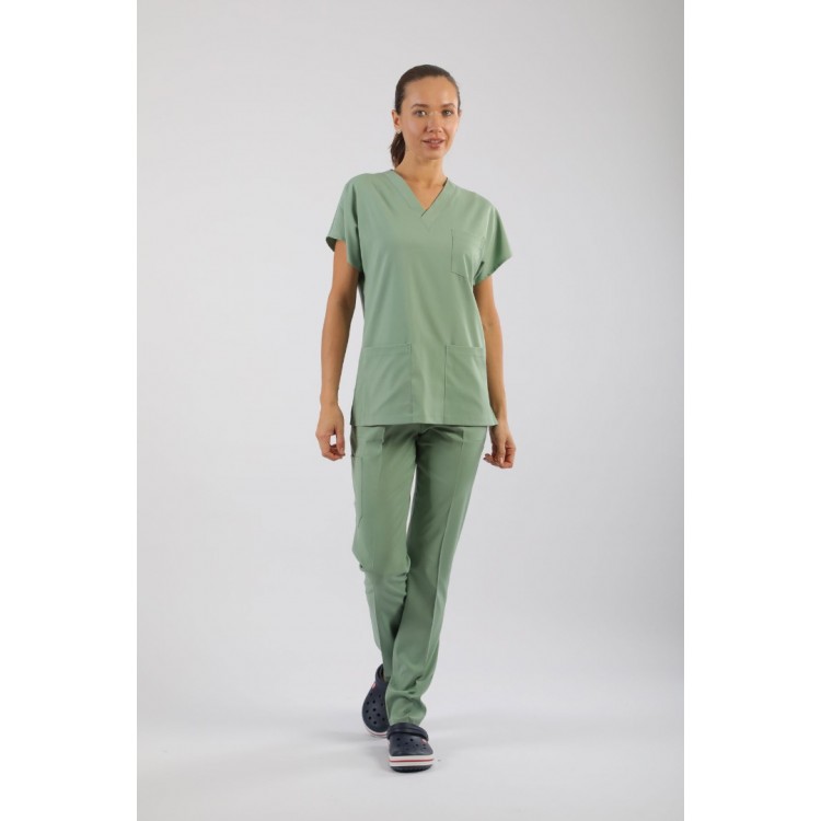 PREMIUM Likralı Kadın Scrubs - Küf Yeşili (Çağla Yeşili)