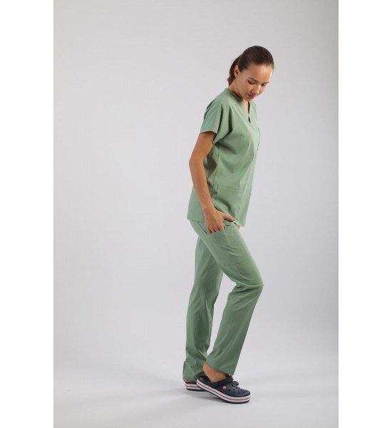 PREMIUM Likralı Kadın Scrubs - Küf Yeşili (Çağla Yeşili)