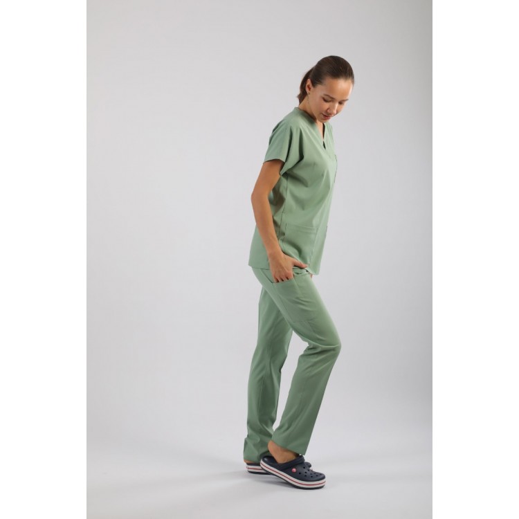 PREMIUM Likralı Kadın Scrubs - Küf Yeşili (Çağla Yeşili)