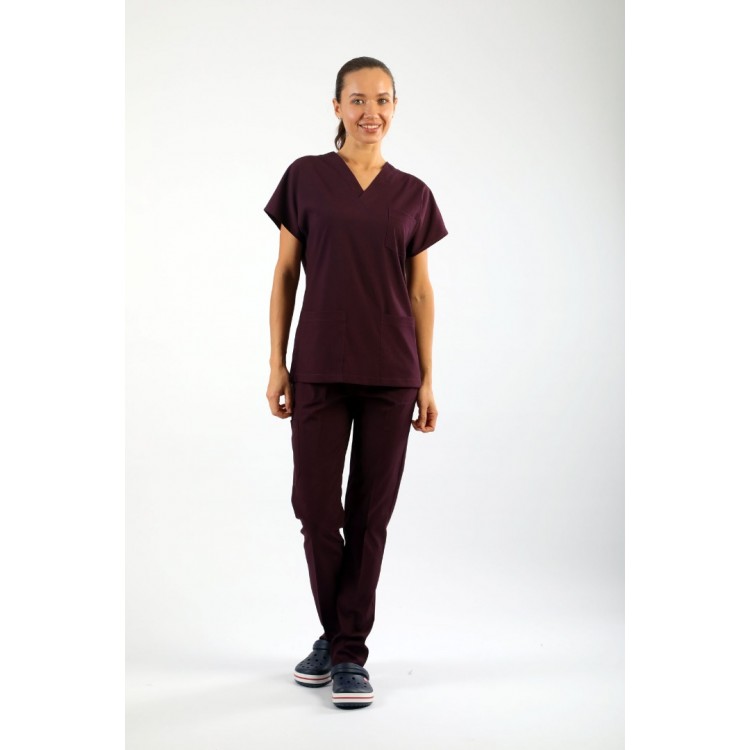 PREMIUM Likralı Kadın Scrubs - Mürdüm