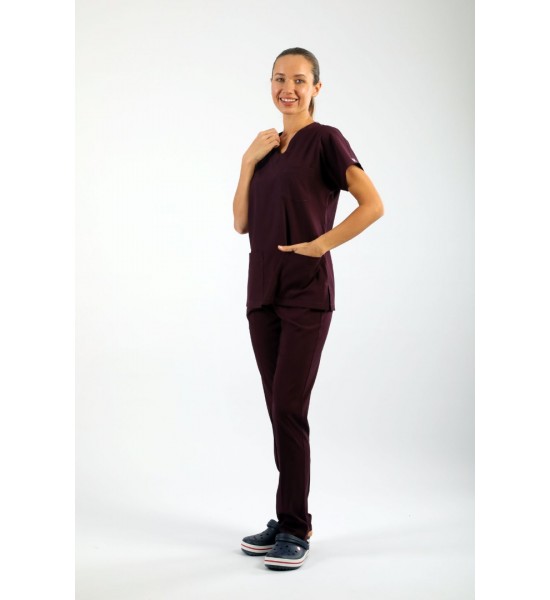 PREMIUM Likralı Kadın Scrubs - Mürdüm