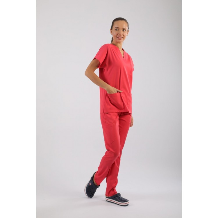 PREMIUM Likralı Kadın Scrubs - Nar Çiçeği