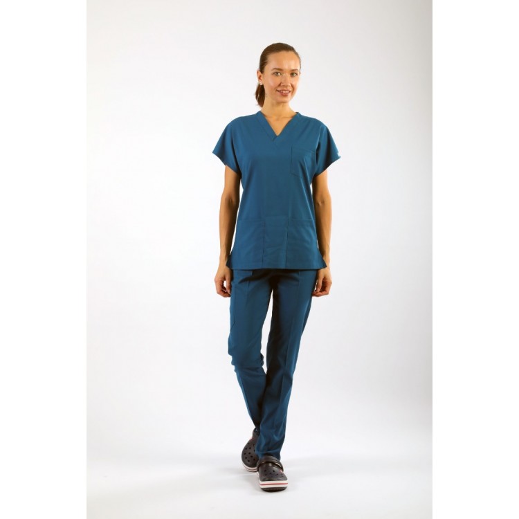 PREMIUM Likralı Kadın Scrubs - Petrol Yeşili