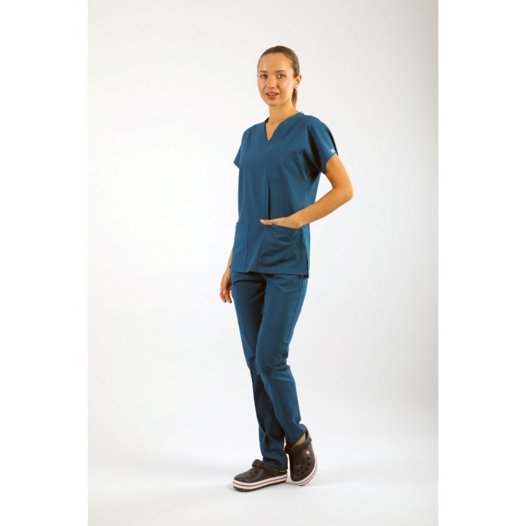 PREMIUM Likralı Kadın Scrubs - Petrol Yeşili