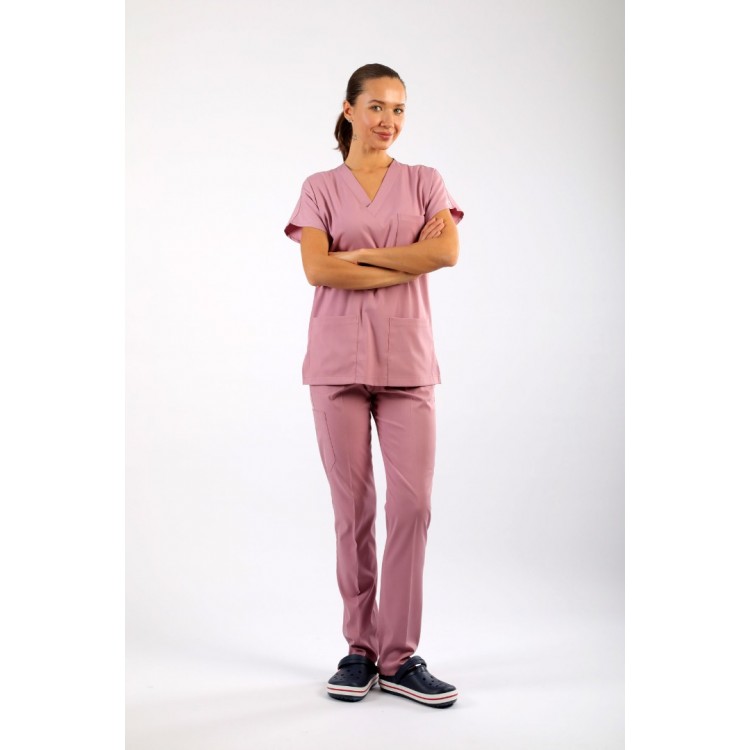 PREMIUM Likralı Kadın Scrubs - Pudra